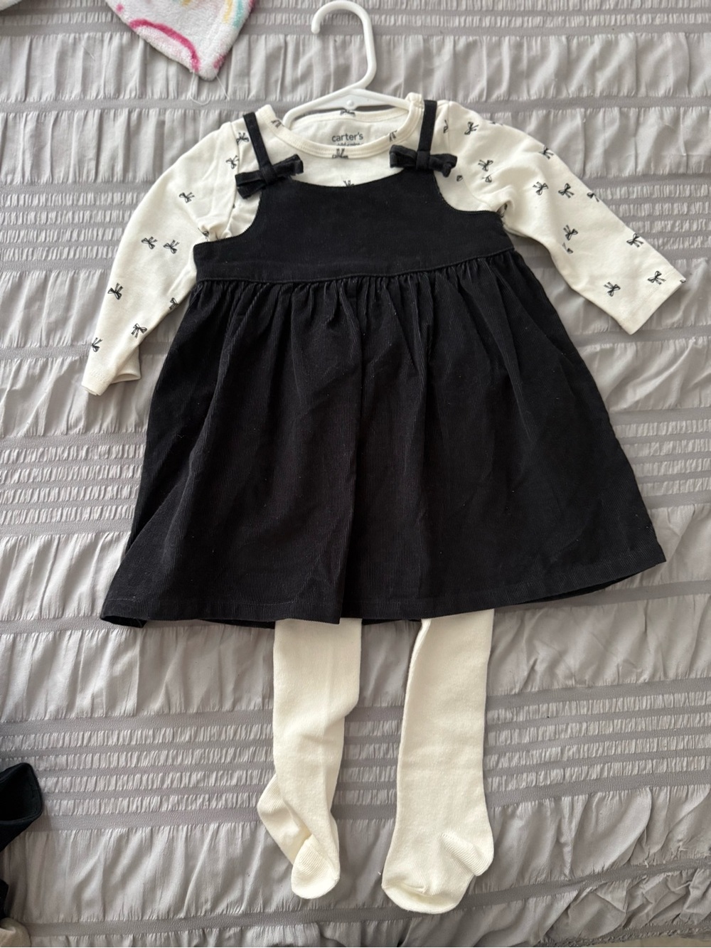 Carter's Black Bow-Strap Dress with Cream Top & Tights
